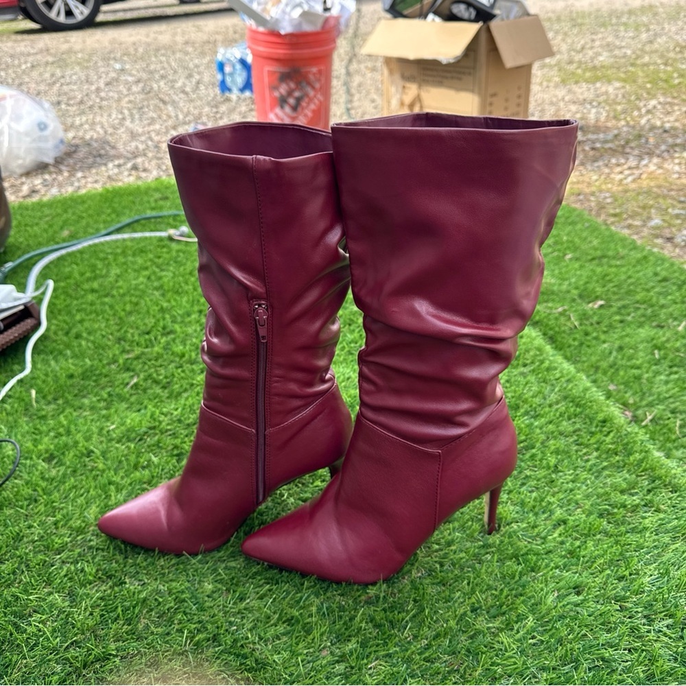 Rouge Helium Red Pointed Toe Mid-Calf Boots High Heels - Picture 3 of 9